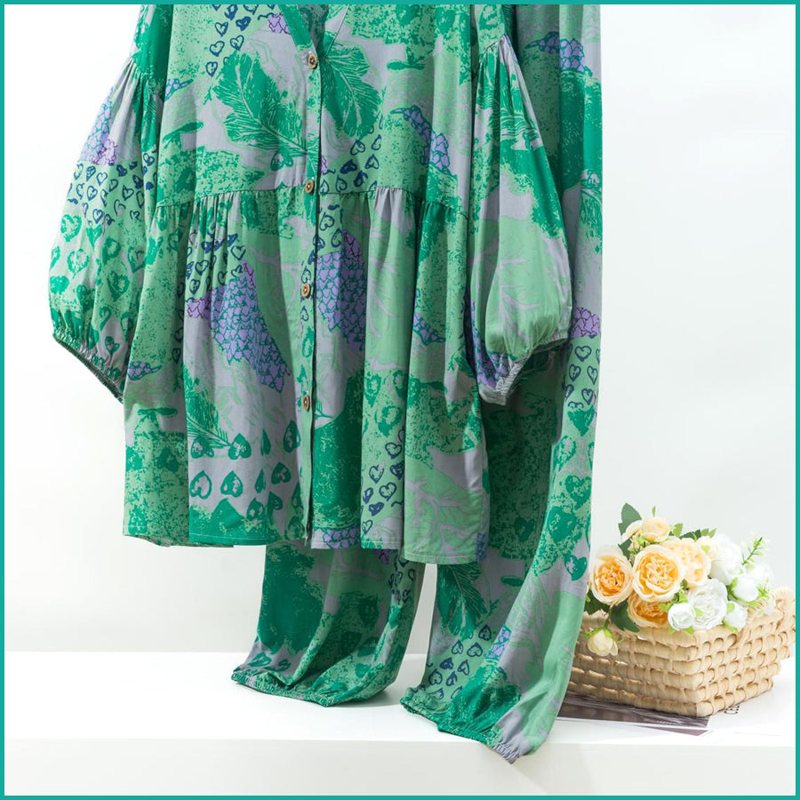 Floral Heart Ladies Full Sleeves Pajama Set Viscos Fine Material  - Green