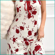 Red Floral Ladies Cotton Stretch Material Nightwear - White