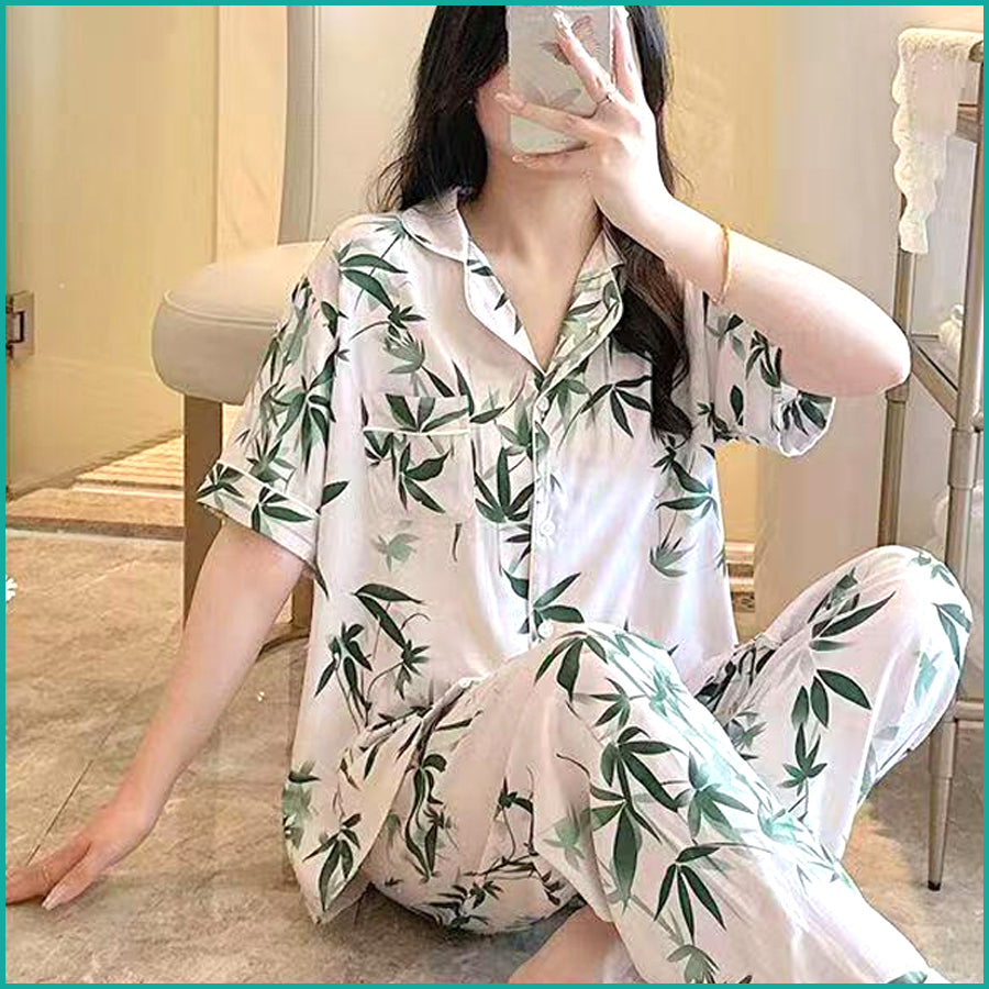 Leaves Ladies Linen Material Pajama Set - White