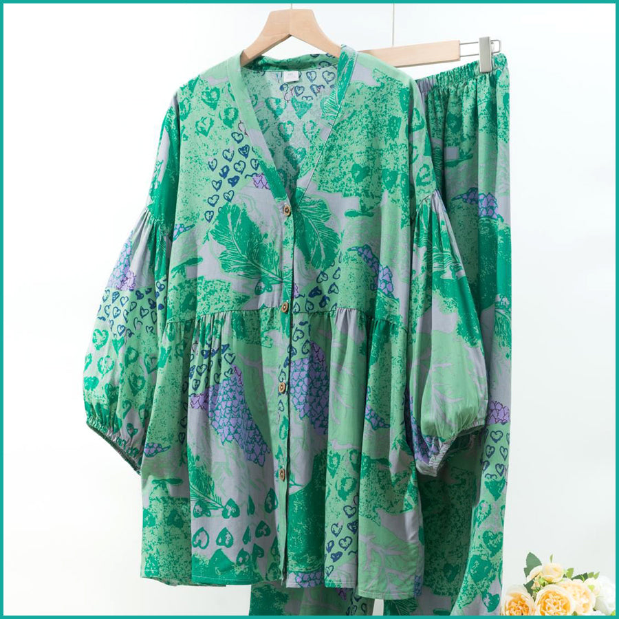 Floral Heart Ladies Full Sleeves Pajama Set Viscos Fine Material  - Green