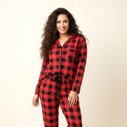 Checks Ladies Front Open Pajama Set - Red