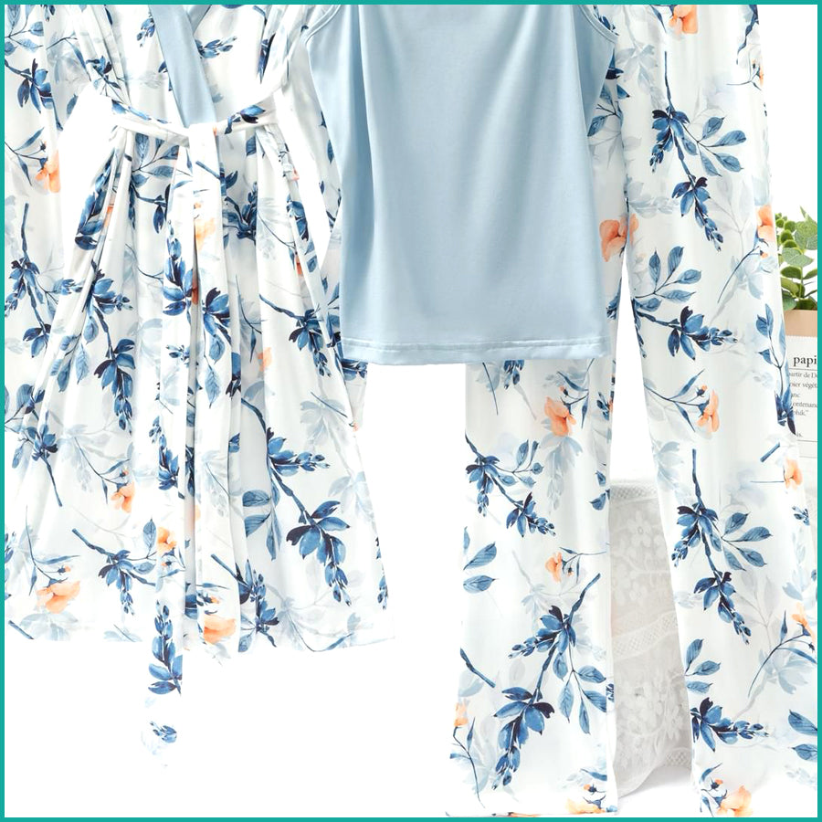 Floral Ladies Loungewear 3 Pcs Set - Sky Blue