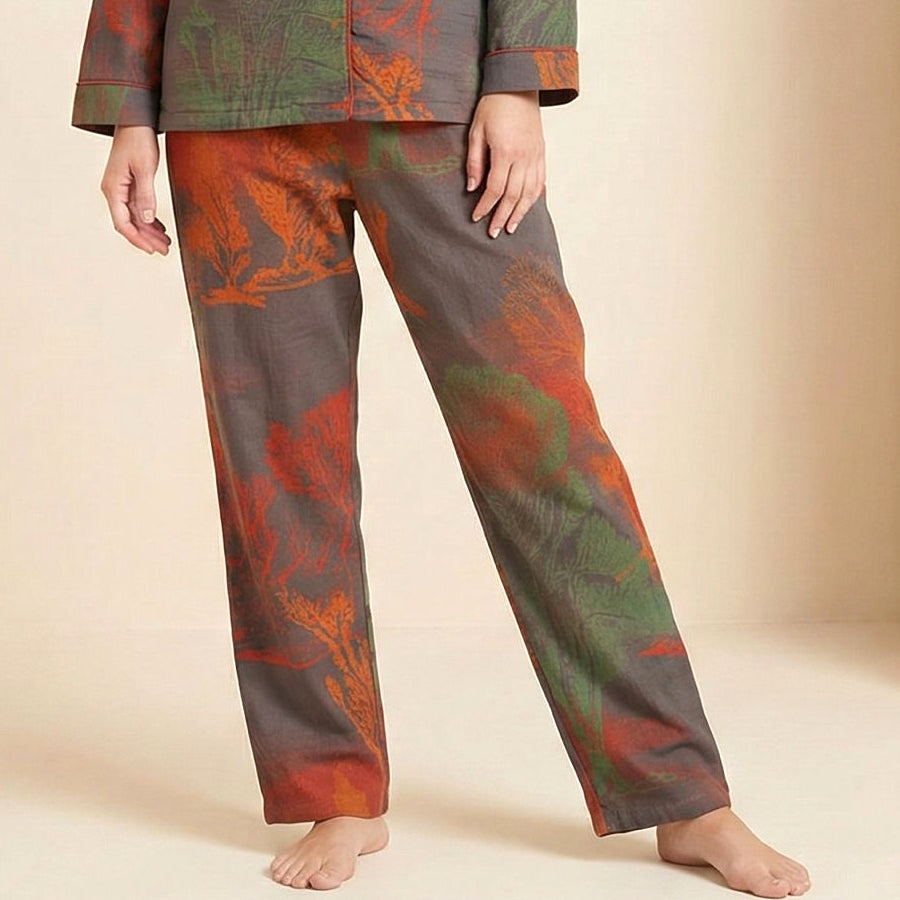 Flowers Ladies Front Open Pajama Set - Orange