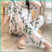 Leaves Ladies Linen Material Pajama Set - White