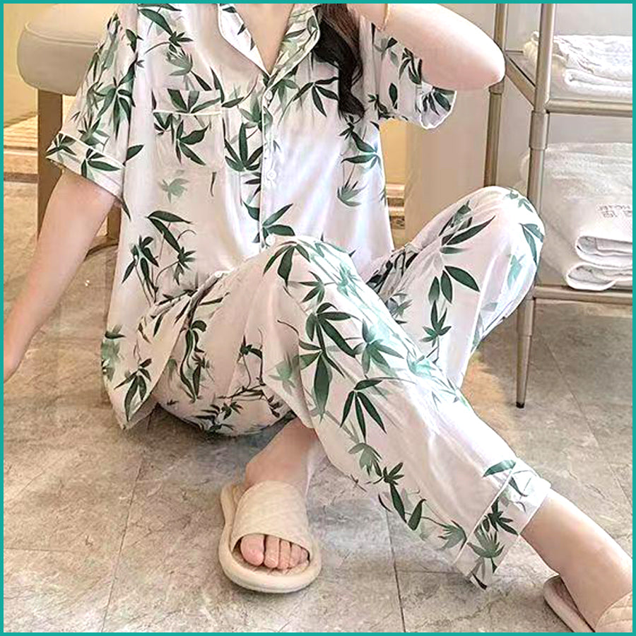 Leaves Ladies Linen Material Pajama Set - White