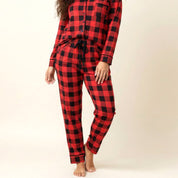 Checks Ladies Front Open Pajama Set - Red