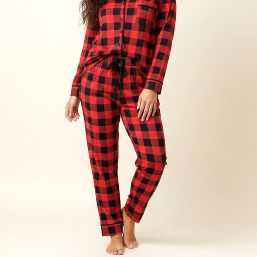 Checks Ladies Front Open Pajama Set - Red