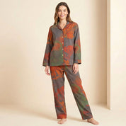 Flowers Ladies Front Open Pajama Set - Orange