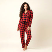 Checks Ladies Front Open Pajama Set - Red