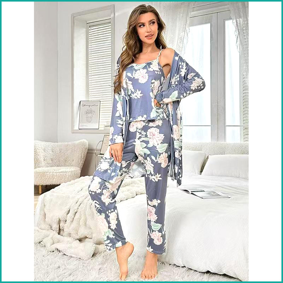 Floral Ladies Loungewear 3 Pcs Set - Blue