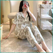 Dense Flower Ladies Linen Material Pajama Set - Cream