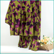 Floral Ladies Full Sleeves Pajama Set Viscos Fine Material  - Green
