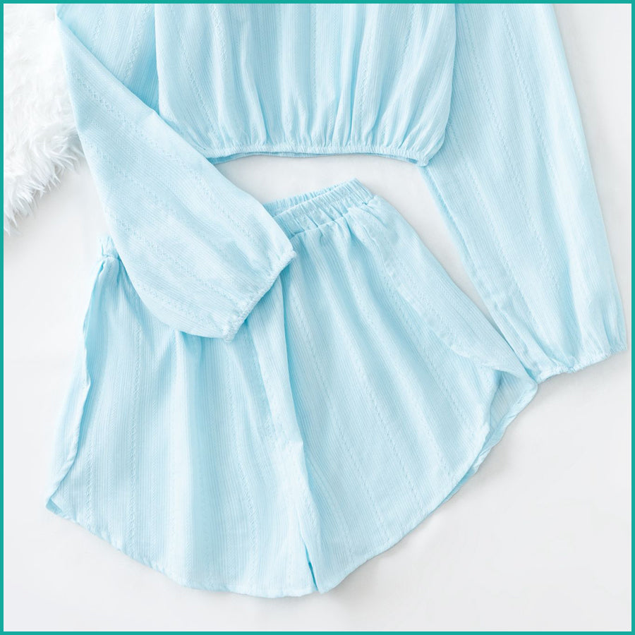 Line Ladies Crop Full Sleeves T-Shirt with Shorts - Sky Blue