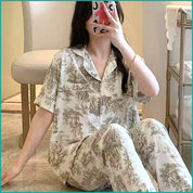 Dense Flower Ladies Linen Material Pajama Set - Cream