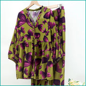 Floral Ladies Full Sleeves Pajama Set Viscos Fine Material  - Green