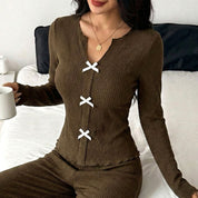 Plain 3 Bows Ladies Pajama Set - Brown