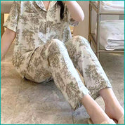 Dense Flower Ladies Linen Material Pajama Set - Cream