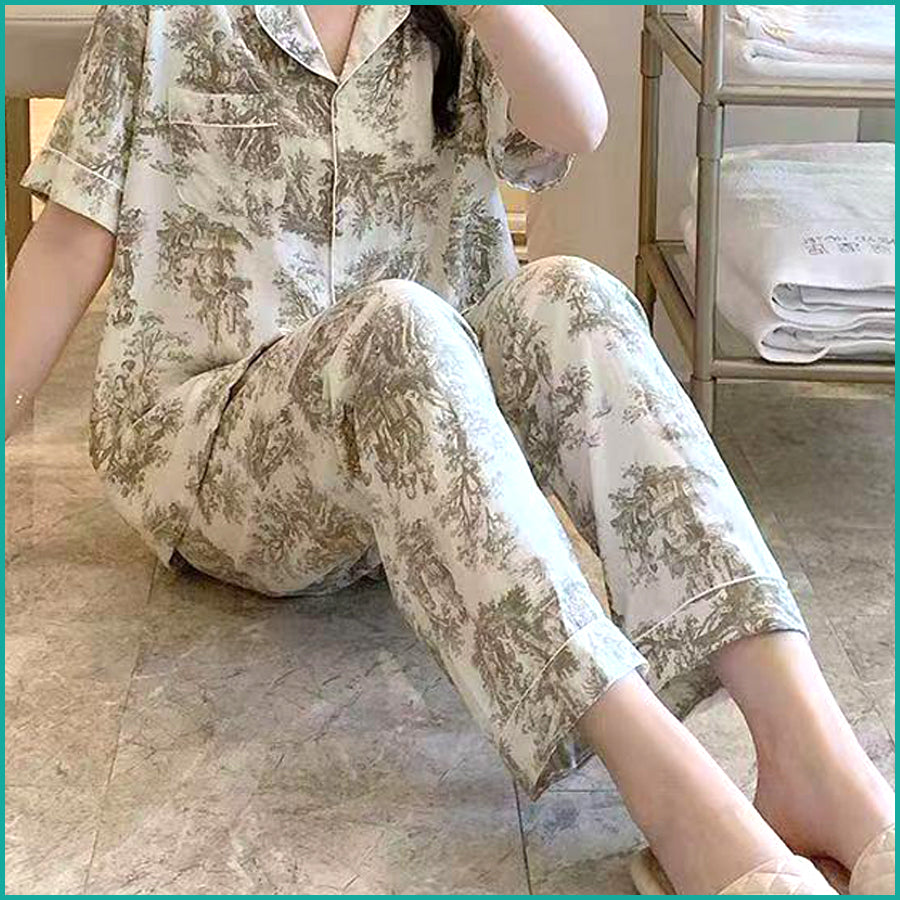 Dense Flower Ladies Linen Material Pajama Set - Cream