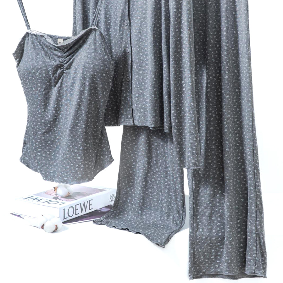Floral Ladies Loungewear 3 Pcs Set - Grey