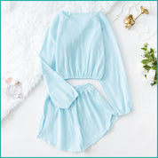 Line Ladies Crop Full Sleeves T-Shirt with Shorts - Sky Blue