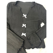 Plain 3 Bows Ladies Pajama Set - Black