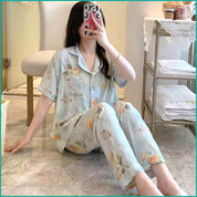 Butterfly Ladies Linen Material Pajama Set - Blue