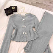 Plain 3 Bows Ladies Pajama Set - Black