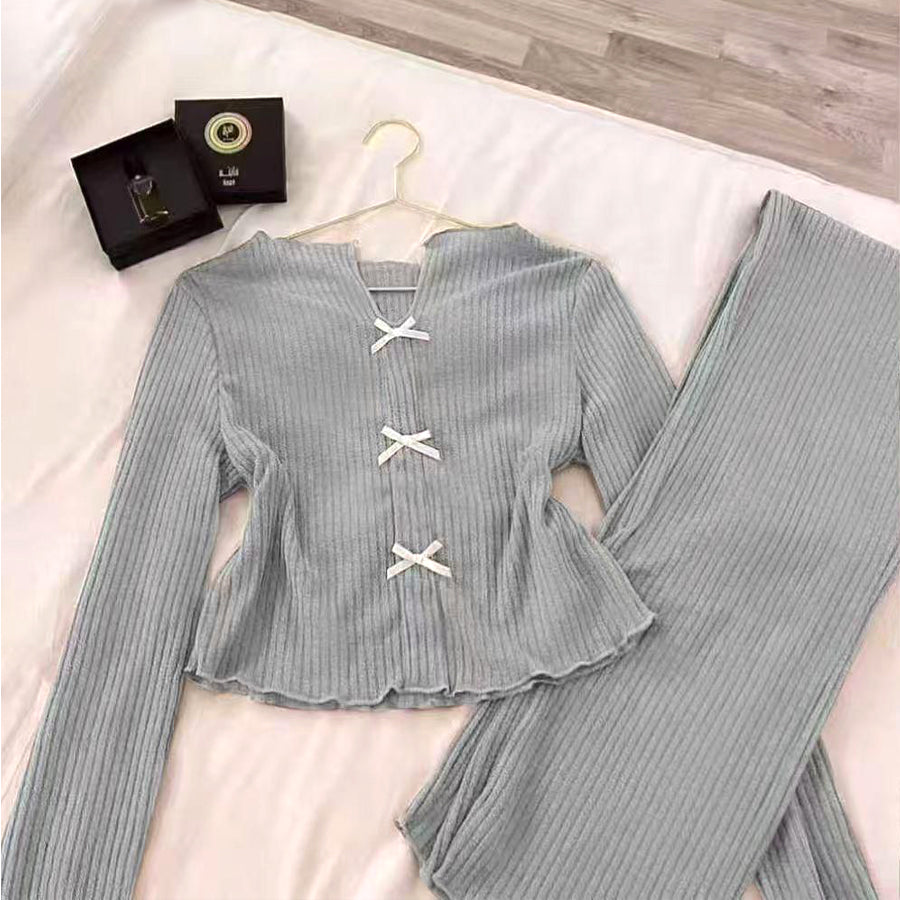 Plain 3 Bows Ladies Pajama Set - Black