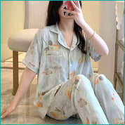 Butterfly Ladies Linen Material Pajama Set - Blue