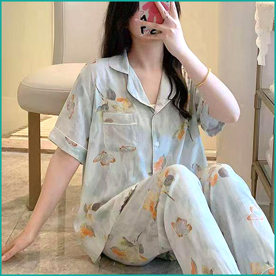 Butterfly Ladies Linen Material Pajama Set - Blue