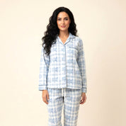 Checkered Ladies Front Open Pajama Set - Sky Blue