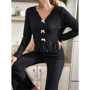 Plain 3 Bows Ladies Pajama Set - Black