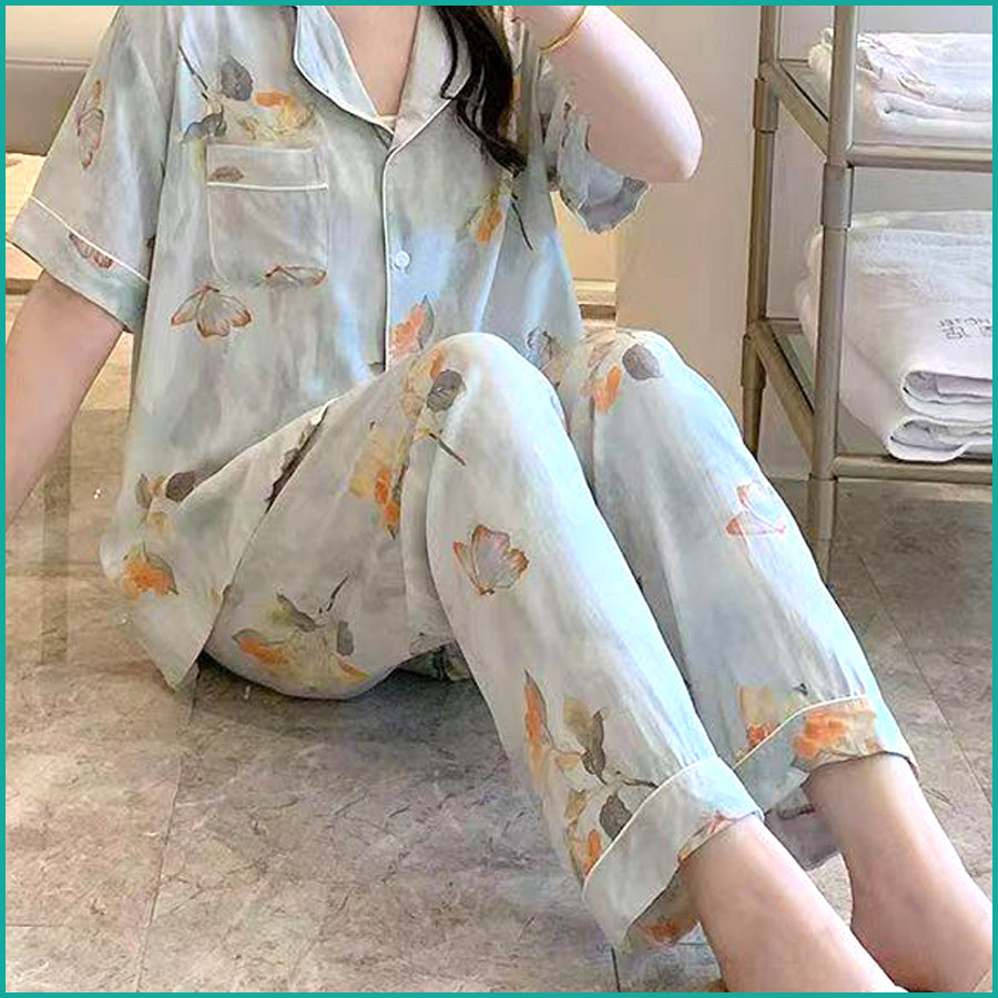 Butterfly Ladies Linen Material Pajama Set - Blue