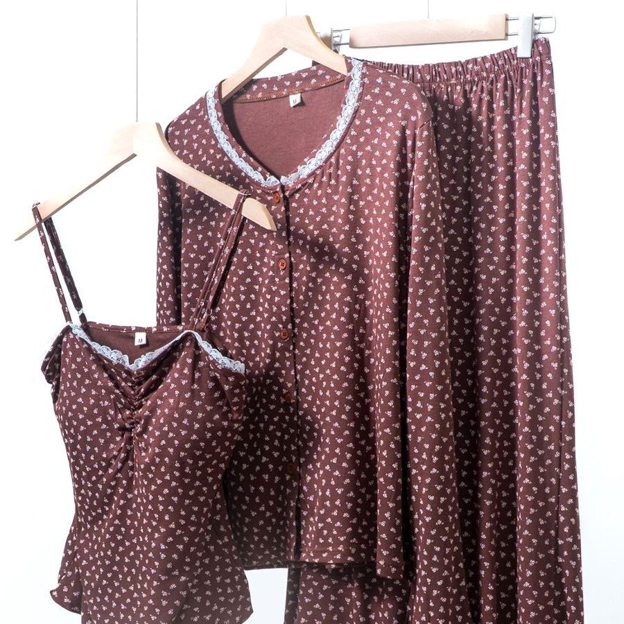 Floral Ladies Loungewear 3 Pcs Set - Brown