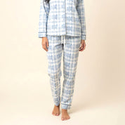 Checkered Ladies Front Open Pajama Set - Sky Blue