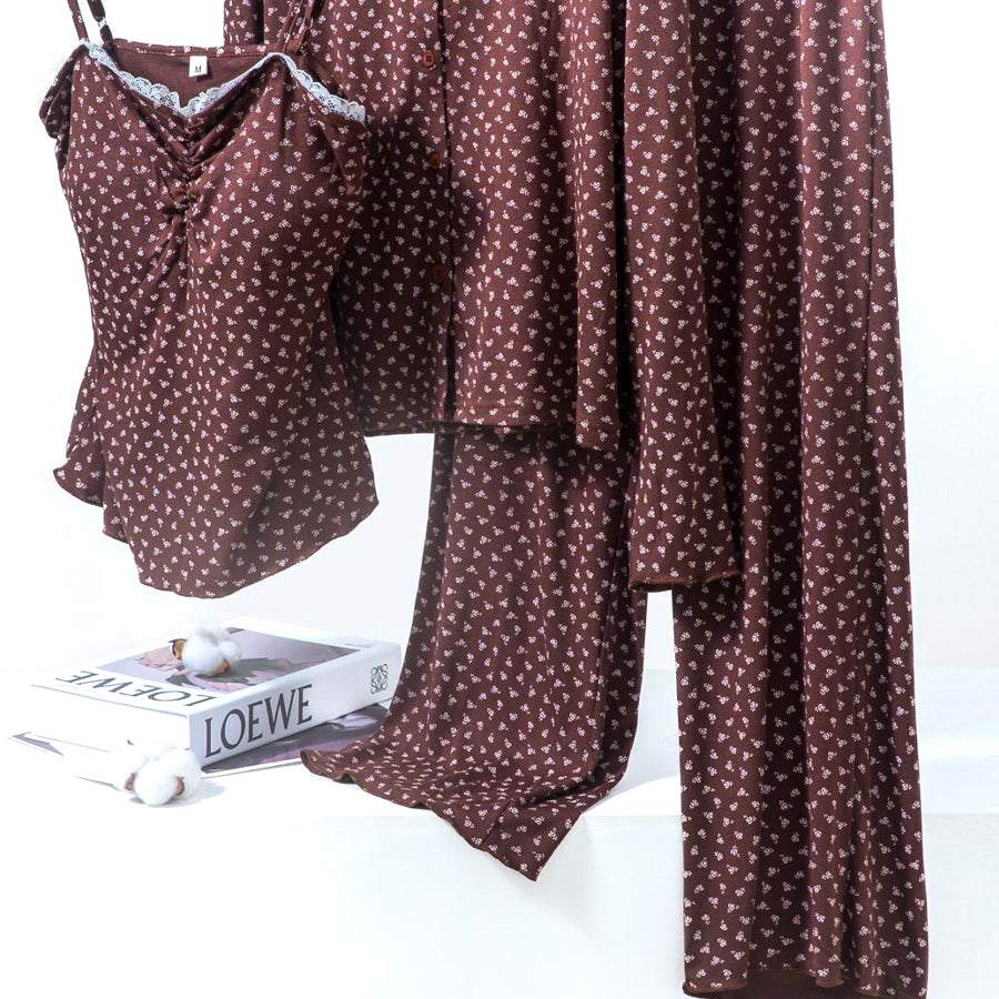 Floral Ladies Loungewear 3 Pcs Set - Brown