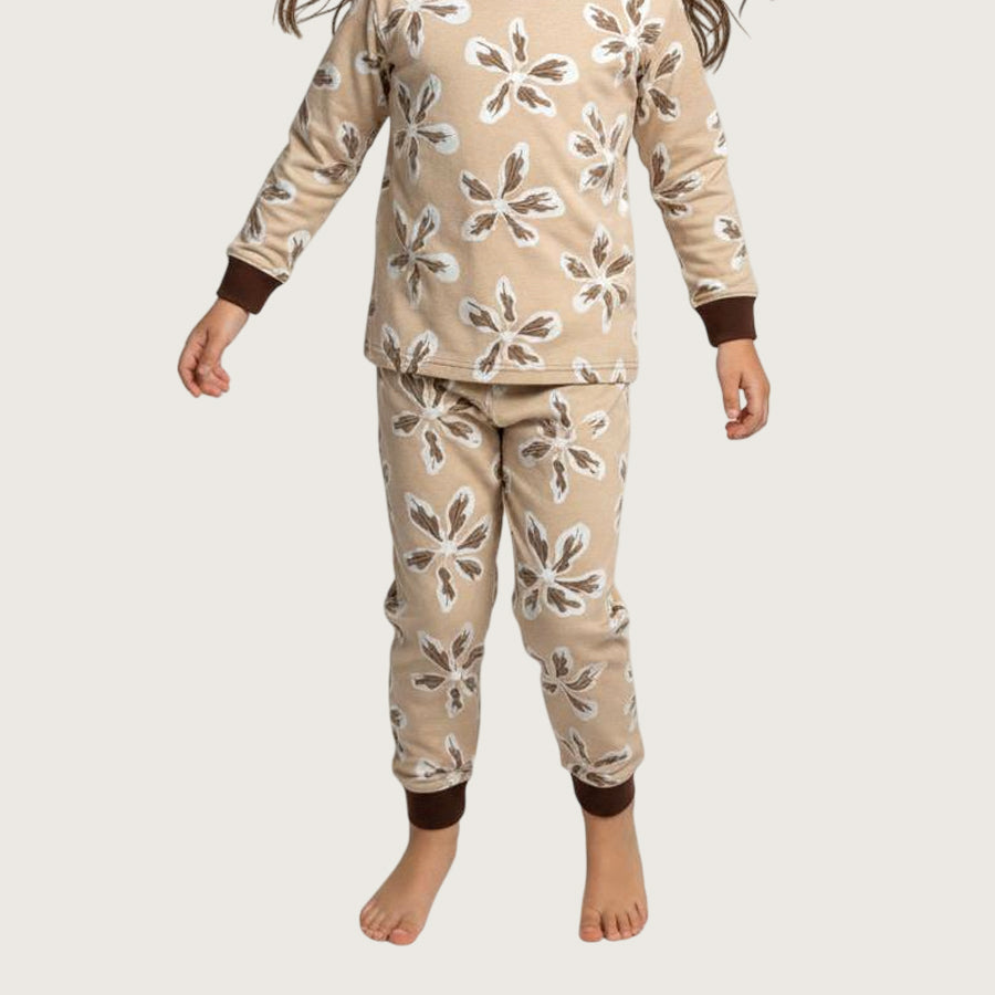 Leaves Girls Full Sleeves Pajama Set - Brown