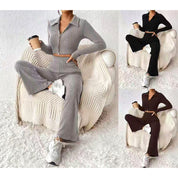 Plain Zipper Ladies Pajama Set - Brown