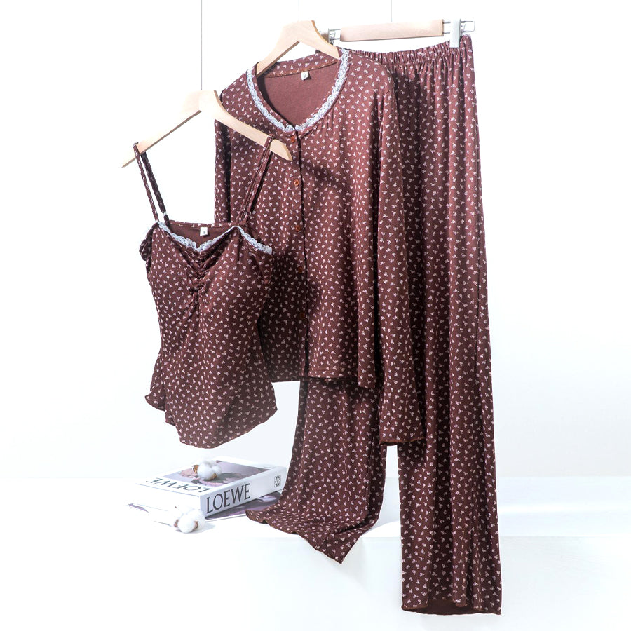 Floral Ladies Loungewear 3 Pcs Set - Brown