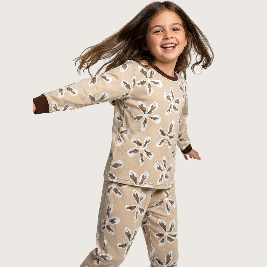Leaves Girls Full Sleeves Pajama Set - Brown