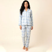 Checkered Ladies Front Open Pajama Set - Sky Blue