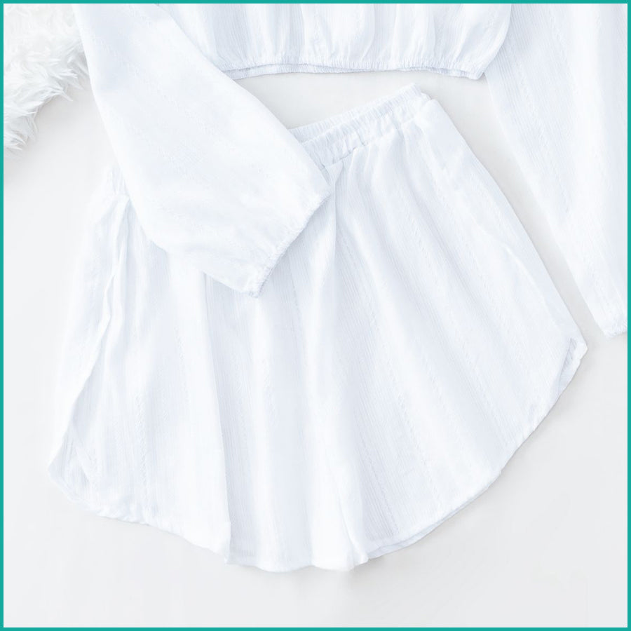 Line Ladies Crop Full Sleeves T-Shirt with Shorts - White