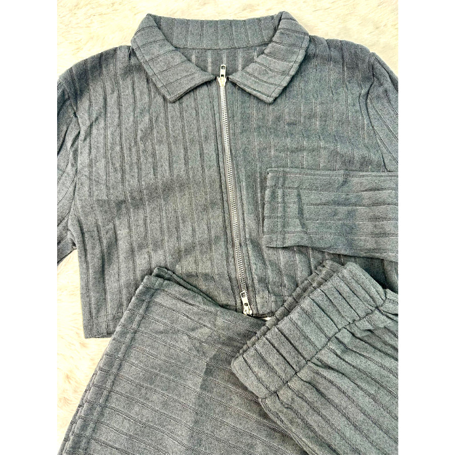 Plain Zipper Ladies Pajama Set - Grey