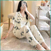 Dark Rose Ladies Linen Material Pajama Set - White