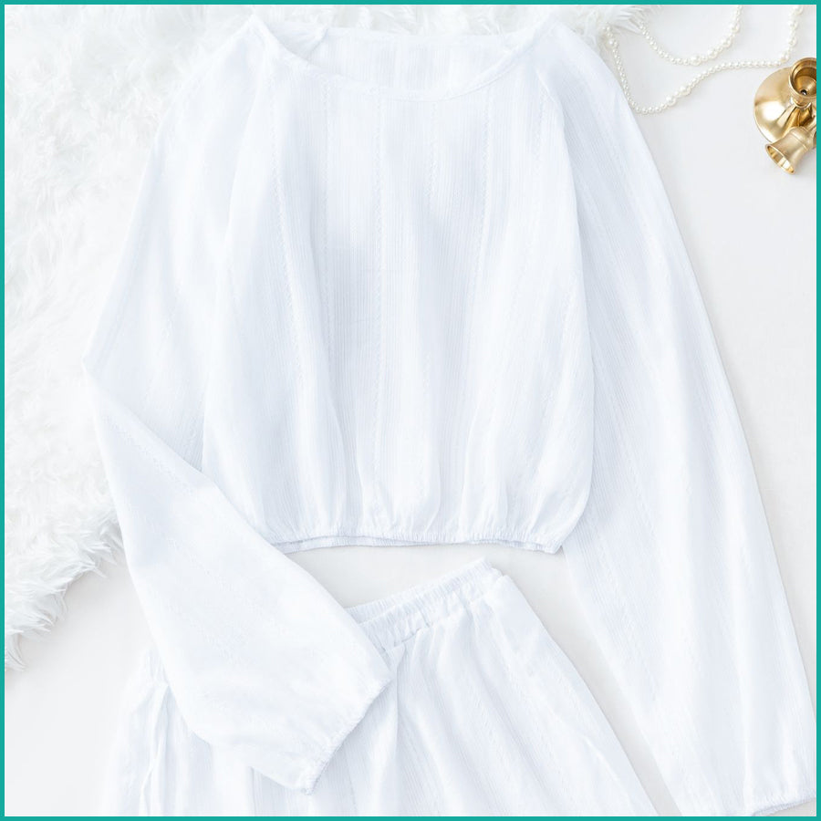 Line Ladies Crop Full Sleeves T-Shirt with Shorts - White