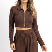 Plain Zipper Ladies Pajama Set - Brown