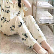 Dark Rose Ladies Linen Material Pajama Set - White
