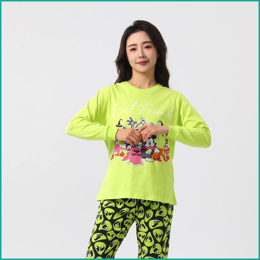 Mickey Friends Ladies Full Sleeves Cotton Pajama Set - Green
