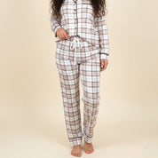 Checks Ladies Front Open Pajama Set - White Brown