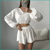 Line Ladies Crop Full Sleeves T-Shirt with Shorts - White